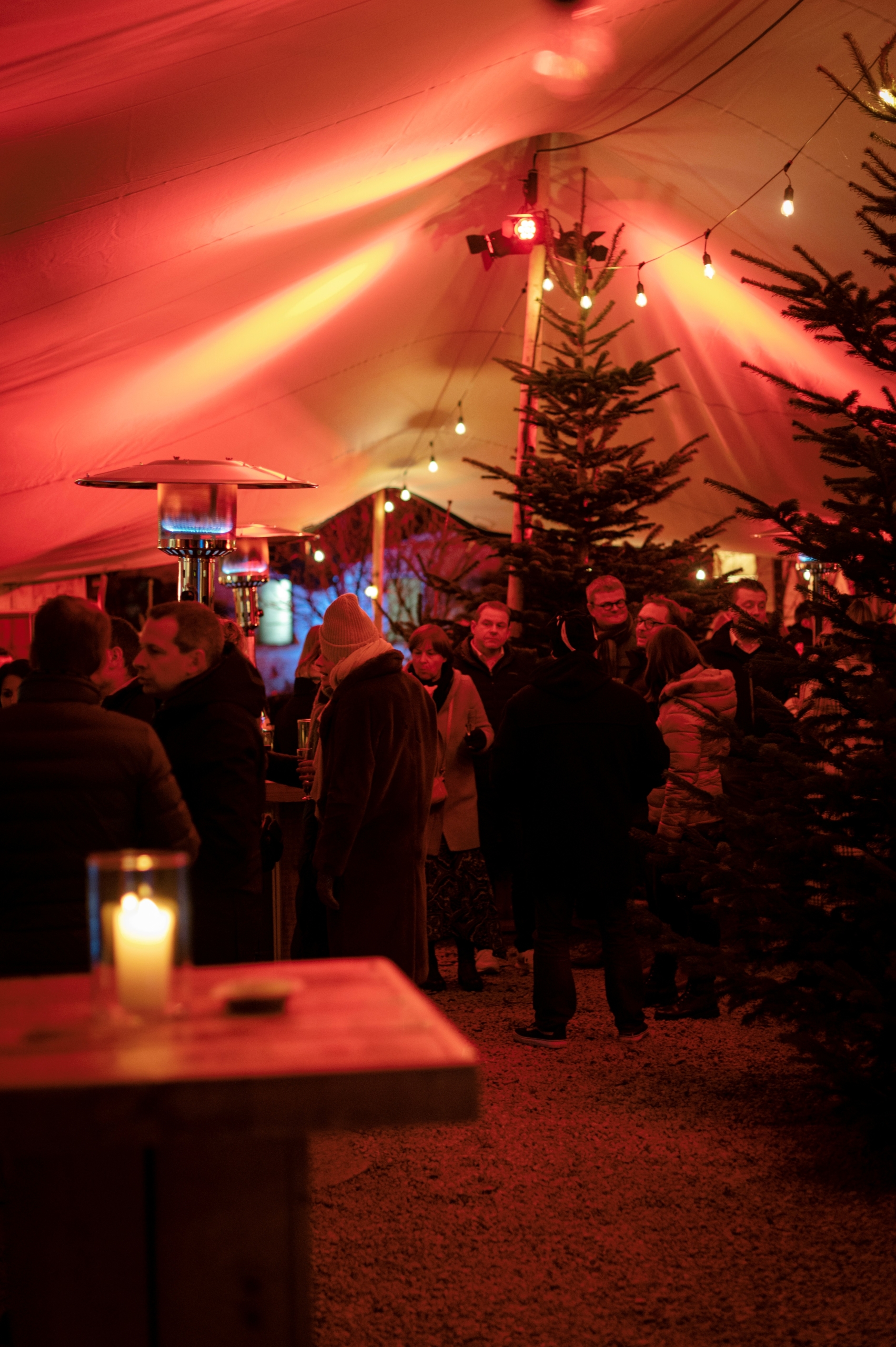 Réception de Noël sous une tente stretch avec des visiteurs